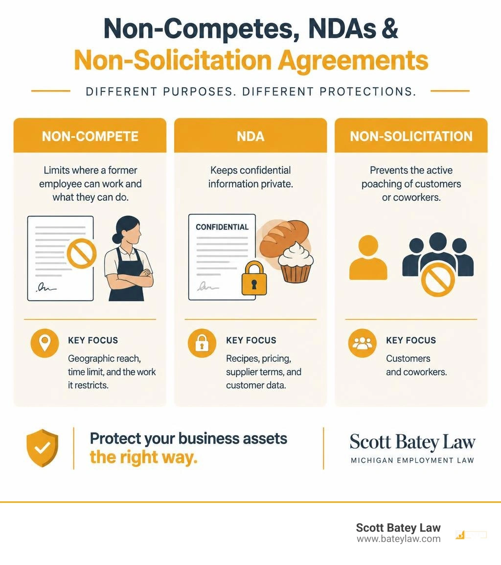 Infographic comparing non-competes, NDAs, and non-solicitation agreements infographic