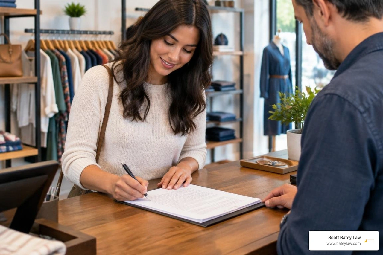legal contract paperwork on a boutique store counter