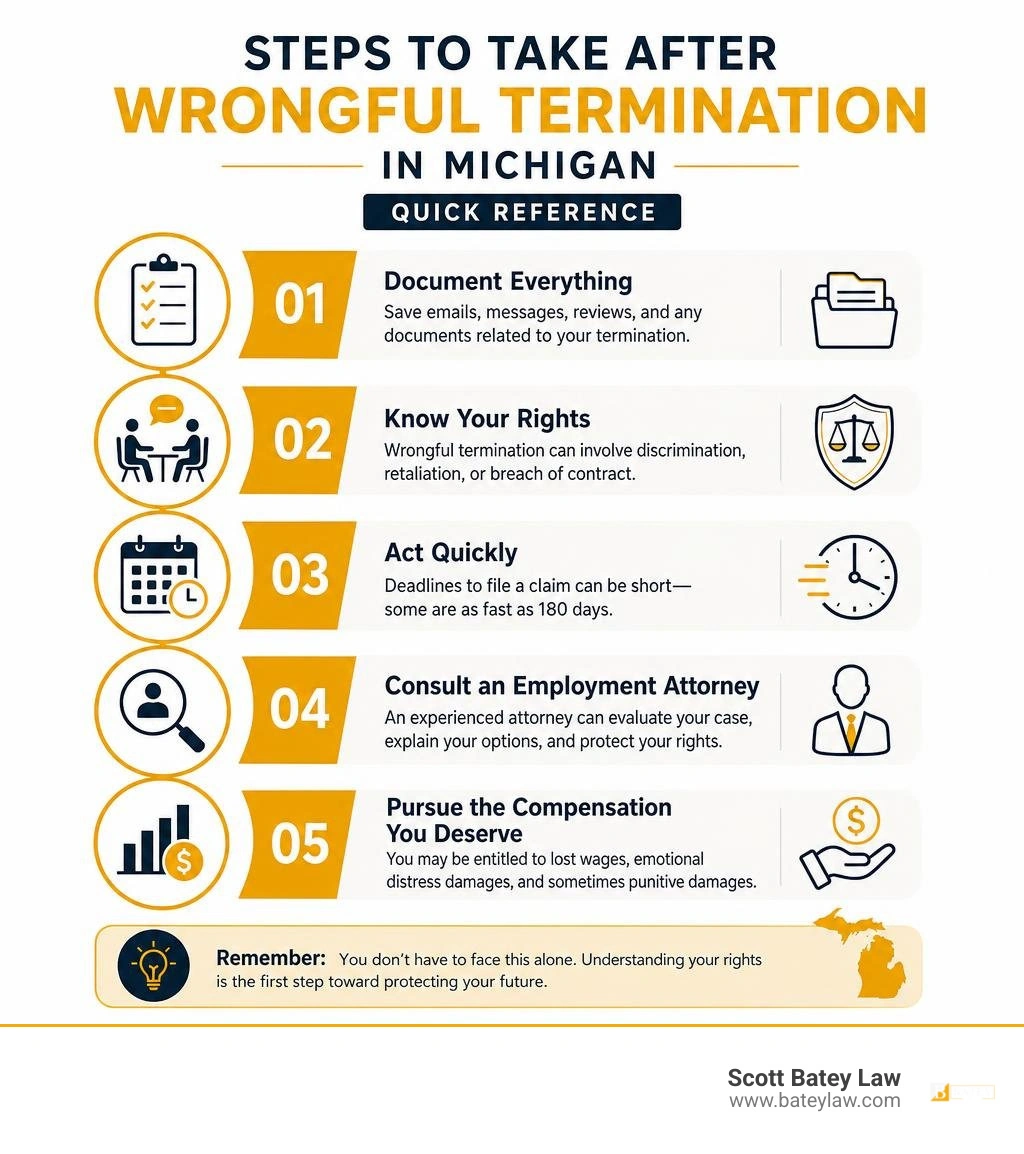 Steps to take after wrongful termination in Michigan — quick reference infographic infographic Steps to take after wrongful termination in Michigan — quick reference infographic infographic