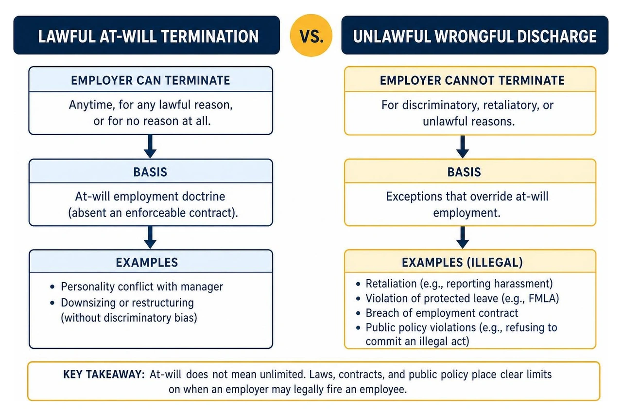 Comparison diagram of lawful at-will termination versus unlawful wrongful discharge Comparison diagram of lawful at-will termination versus unlawful wrongful discharge