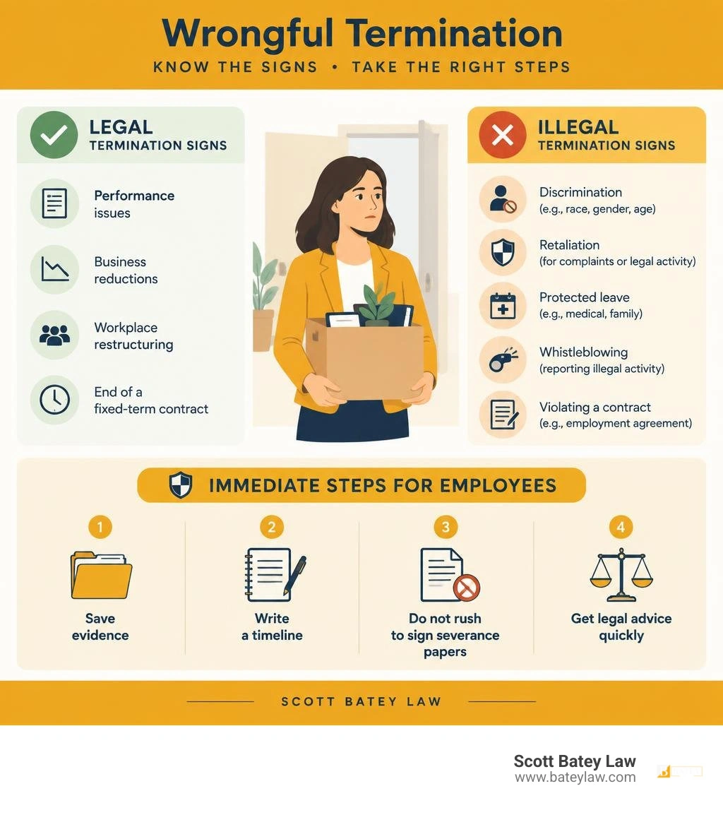 Infographic showing legal versus illegal termination signs and immediate employee steps infographic Infographic showing legal versus illegal termination signs and immediate employee steps infographic