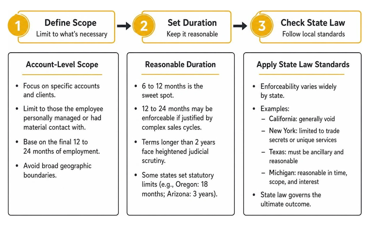 Step-by-step framework for evaluating non-solicitation enforceability: scope, duration, and state law Step-by-step framework for evaluating non-solicitation enforceability: scope, duration, and state law