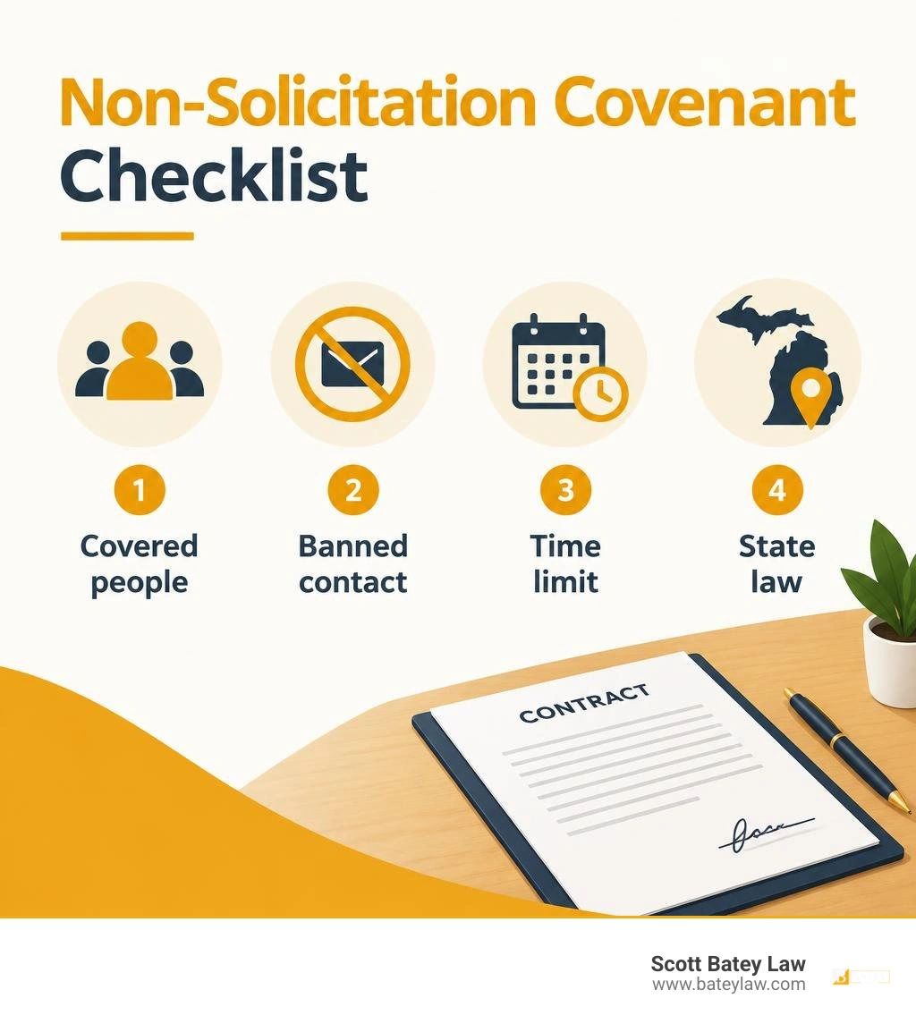Non-solicitation covenant checklist: covered people, banned contact, time limit, and state law infographic Non-solicitation covenant checklist: covered people, banned contact, time limit, and state law infographic