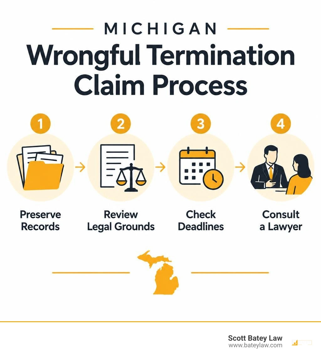 Michigan wrongful termination claim process: preserve records, review legal grounds, check deadlines, consult a lawyer