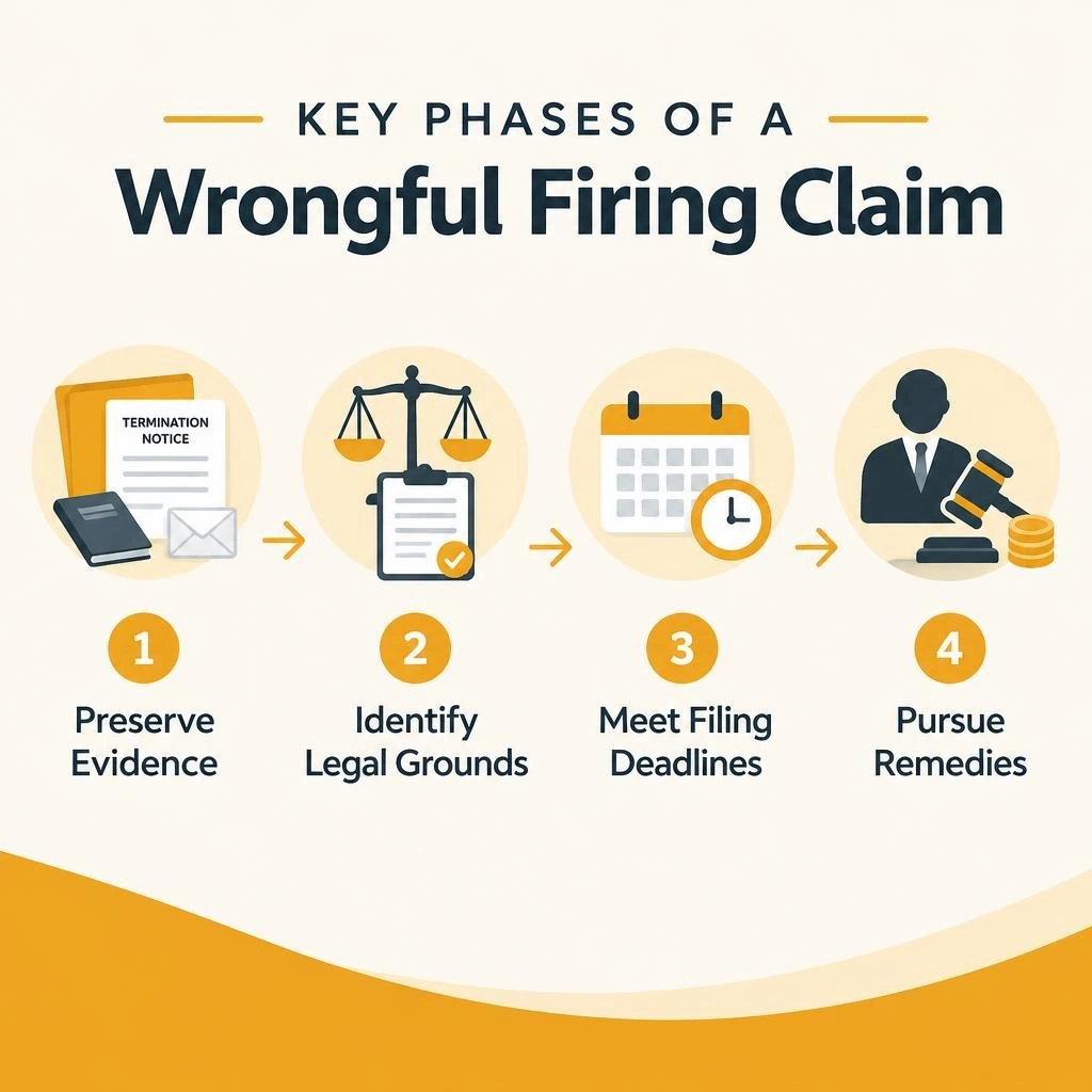 Key phases of a wrongful firing claim: preserve evidence, identify legal grounds, meet filing deadlines, pursue remedies Key phases of a wrongful firing claim: preserve evidence, identify legal grounds, meet filing deadlines, pursue remedies