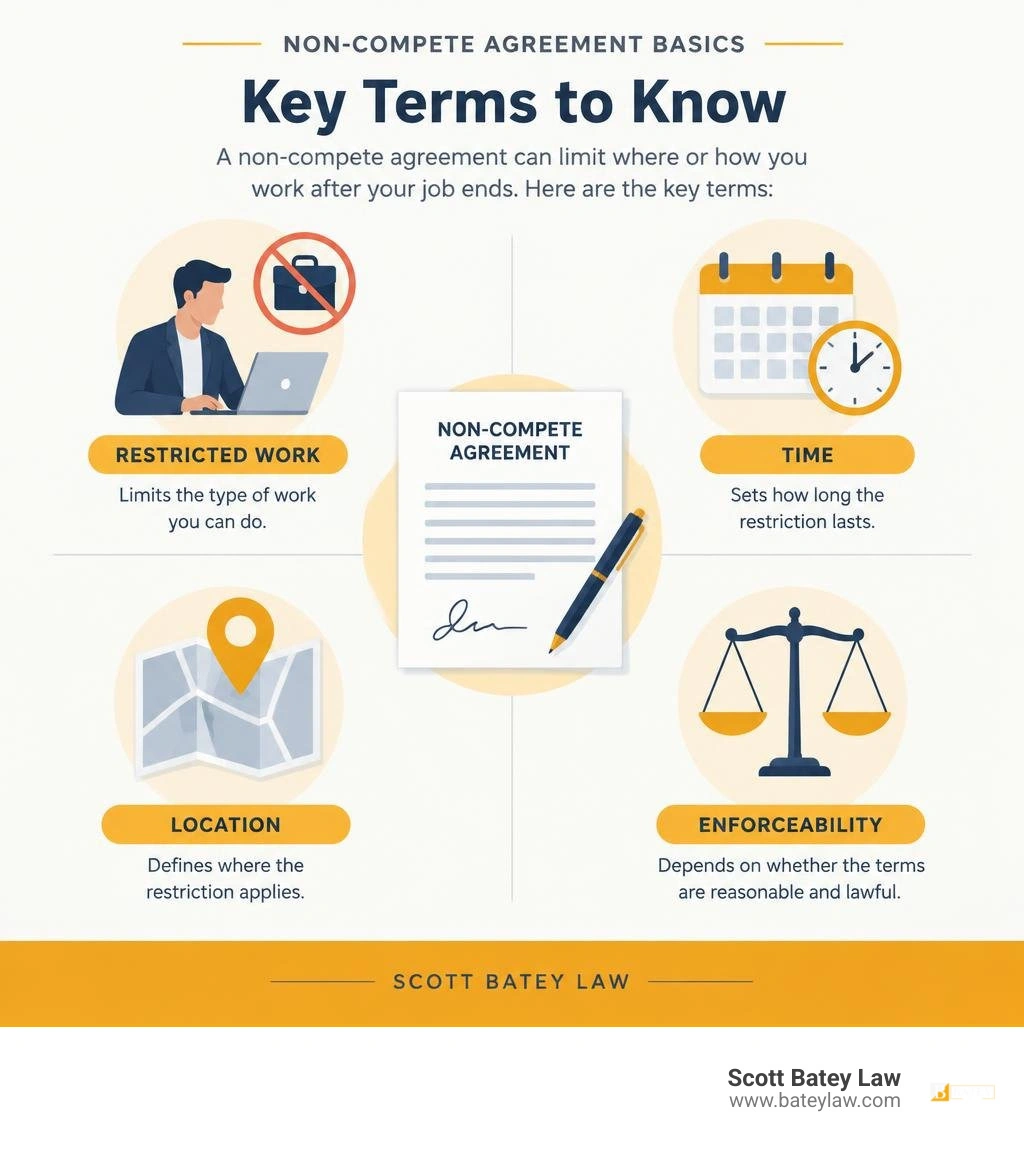Non-compete agreement basics: restricted work, time, location, and enforceability infographic Non-compete agreement basics: restricted work, time, location, and enforceability infographic