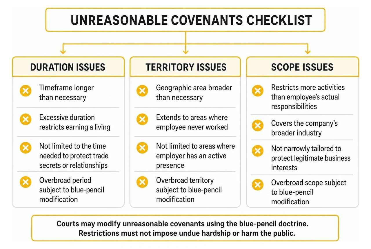 Unreasonable covenants checklist showing duration, territory, and scope issues Unreasonable covenants checklist showing duration, territory, and scope issues