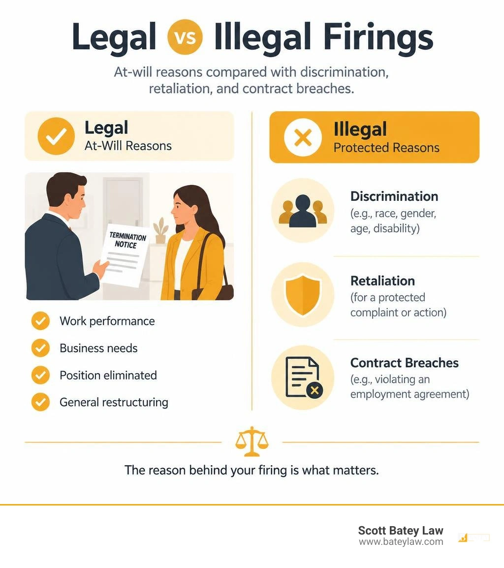 Legal versus illegal firings: at-will reasons compared with discrimination, retaliation, and contract breaches infographic Legal versus illegal firings: at-will reasons compared with discrimination, retaliation, and contract breaches infographic