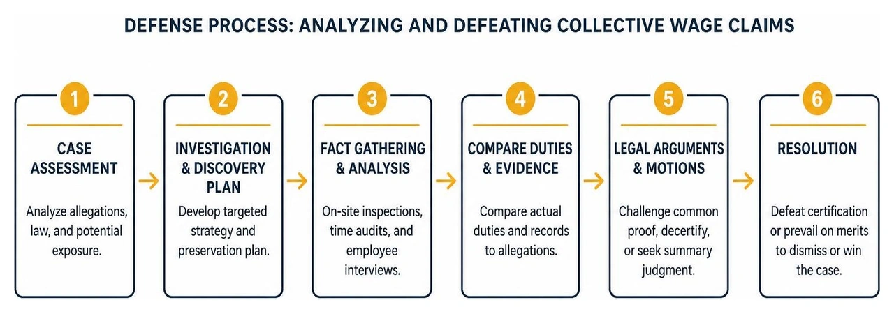 Diagram showing the defense process of analyzing and defeating collective wage claims Diagram showing the defense process of analyzing and defeating collective wage claims