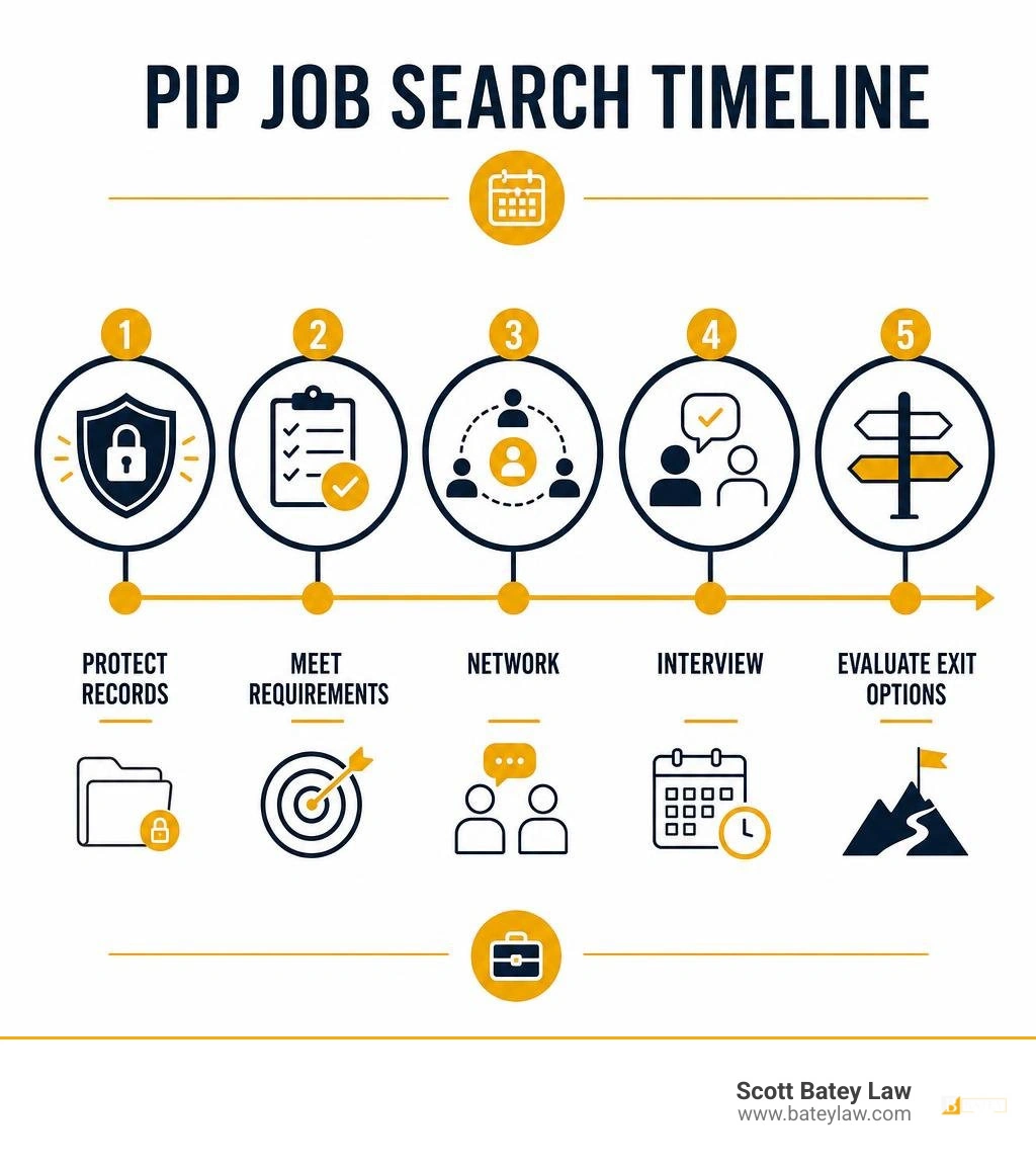 PIP job search timeline: protect records, meet requirements, network, interview, evaluate exit options infographic PIP job search timeline: protect records, meet requirements, network, interview, evaluate exit options infographic