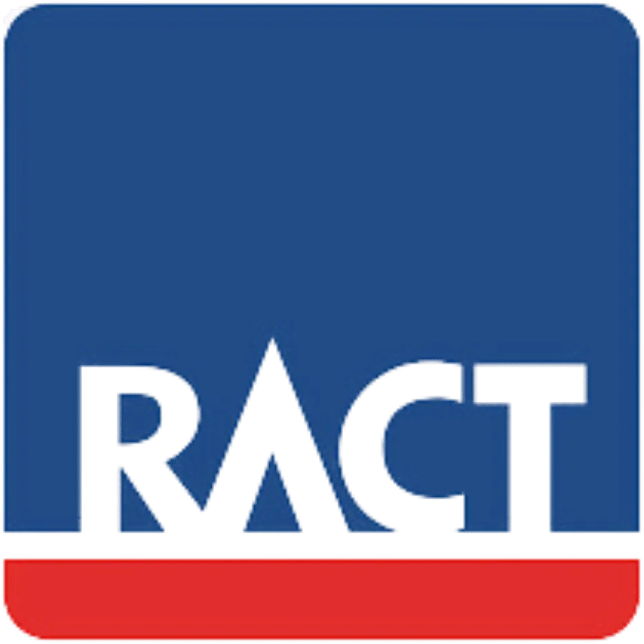 RACT logo with blue background and red stripe in square format