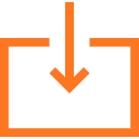 Orange download icon with arrow pointing down into a rectangular frame