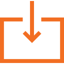 Orange download icon with arrow pointing down into a rectangular frame