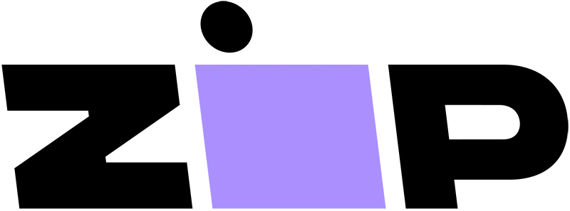 Zip logo with black letters and a purple rectangular element