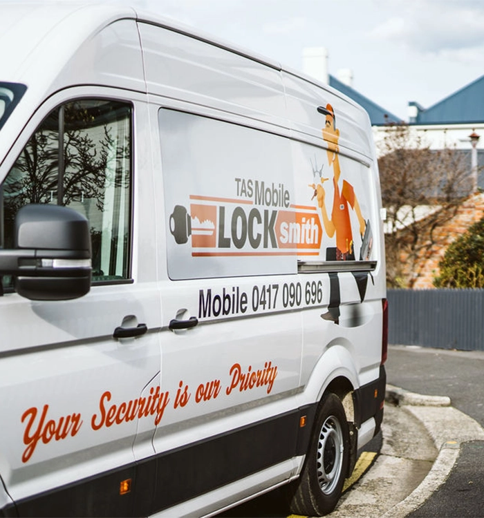 A Tasmanian Mobile Locksmith van in the suburbs of Hobart, where we’ve been called for emergency locksmithing services.