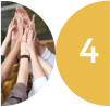 Multiple hands stacked together in a teamwork gesture with a gold circular shape showing the number 4.