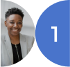 Smiling woman with short hair wearing a blazer, next to a blue semicircle with the number 1.