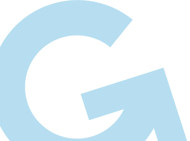 Large stylized letter G in light blue on a black background.