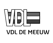 Logo with the letters VDL in bold white outlined in black, set against a rectangular gray background with two horizontal white stripes on the right side.