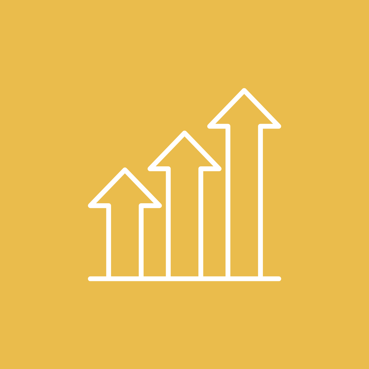 Three ascending white arrows on a yellow background symbolizing growth or progress.