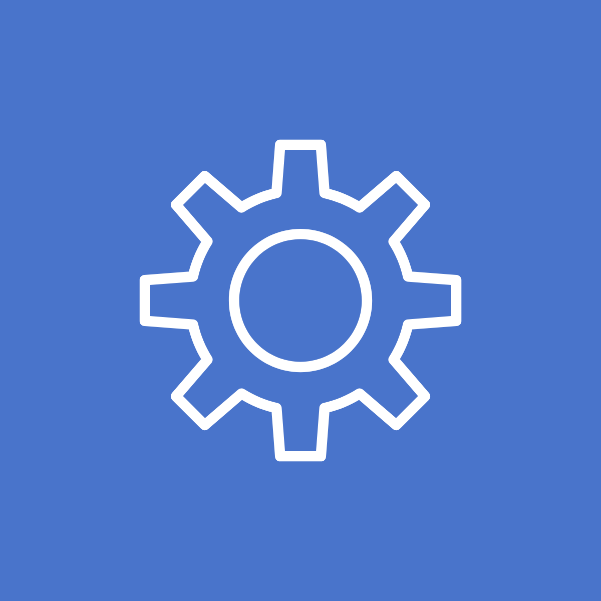 White gear icon centered on a blue square background, symbolizing settings or configuration.