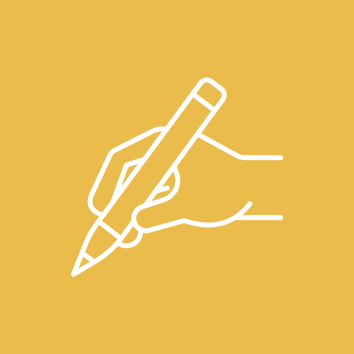 White outline of a hand holding a pencil on a mustard yellow background.
