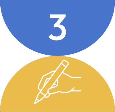 Blue semicircle with the number 3 above a yellow semicircle showing a hand holding a pencil drawing a line.