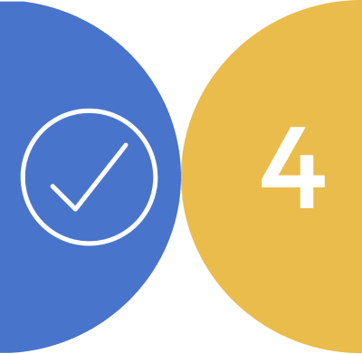 Blue circle with white checkmark icon next to a gold circle with the number 4 in white.