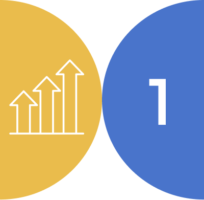 Three upward arrows of increasing height inside a yellow circle to the left of a blue circle with the number 1 in white.