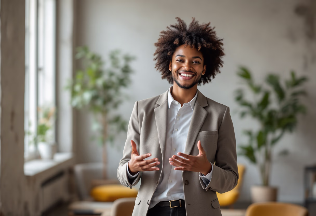 image of a person giving a presentation (for an ai saas company)