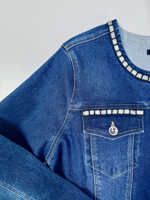 woven jacket featuring custom lace trim design