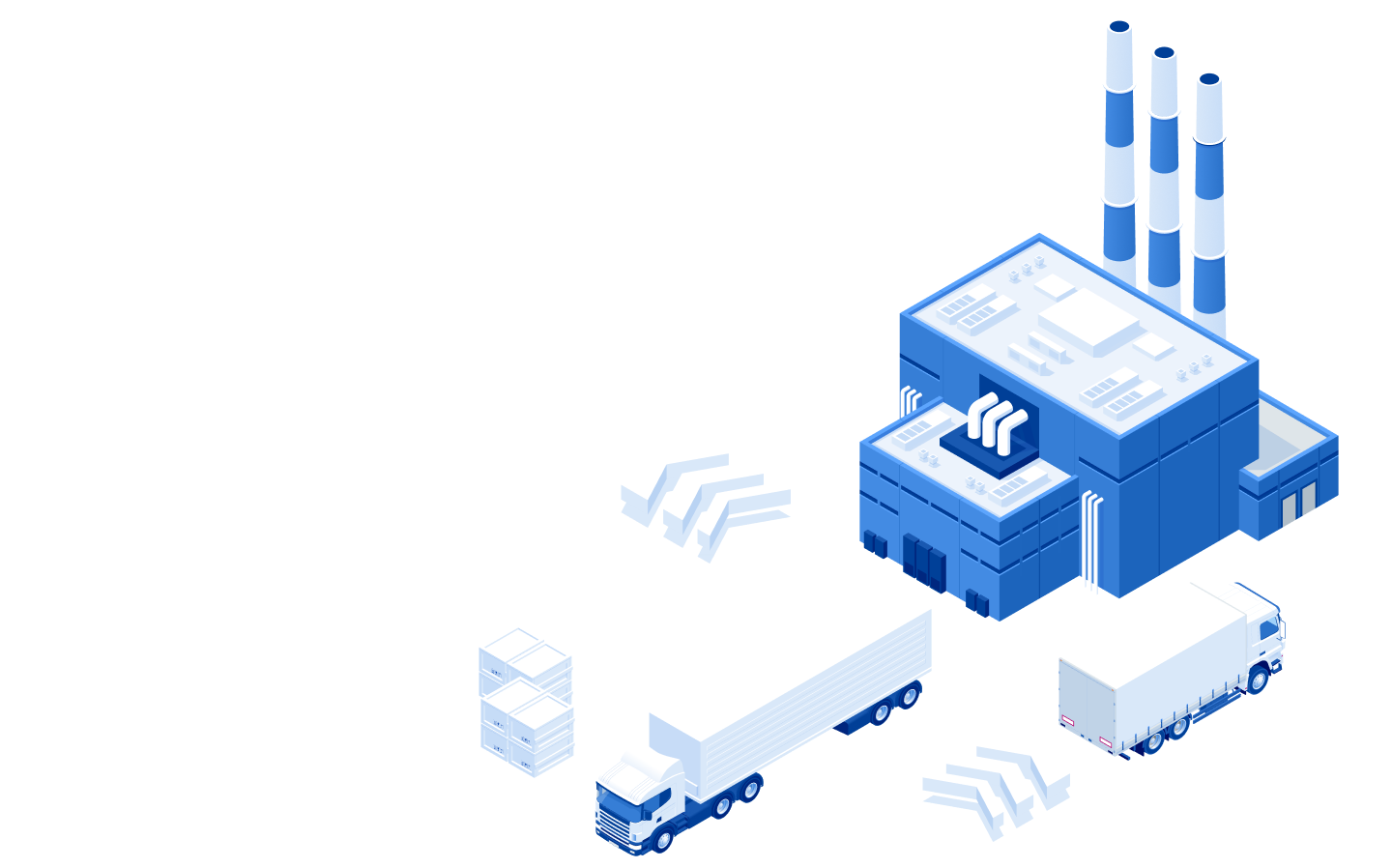 Isometric illustration of a blue and white factory with three smokestacks, two trucks, and stacks of pallets.