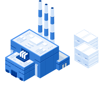 Isometric illustration of a blue factory with three tall smokestacks and stacked shipping containers nearby.