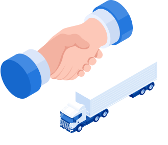 Illustration of a handshake above a white semi-truck with a trailer, symbolizing partnership or agreement in transportation or logistics.