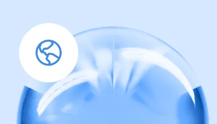Blue globe with white curved reflections and a small icon of a globe in a white circle to the top left.