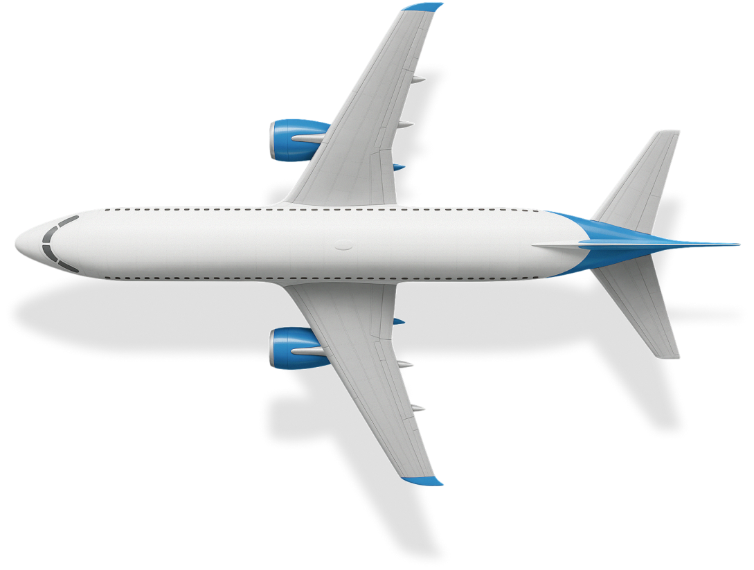 Top view of a white commercial airplane with blue accents on the engines, tail, and wing tips.