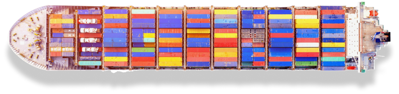 Top-down aerial view of a large cargo ship loaded with numerous colorful shipping containers.
