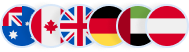 Row of eight circular country flags representing Australia, Canada, United Kingdom, Germany, United Arab Emirates, and Austria.