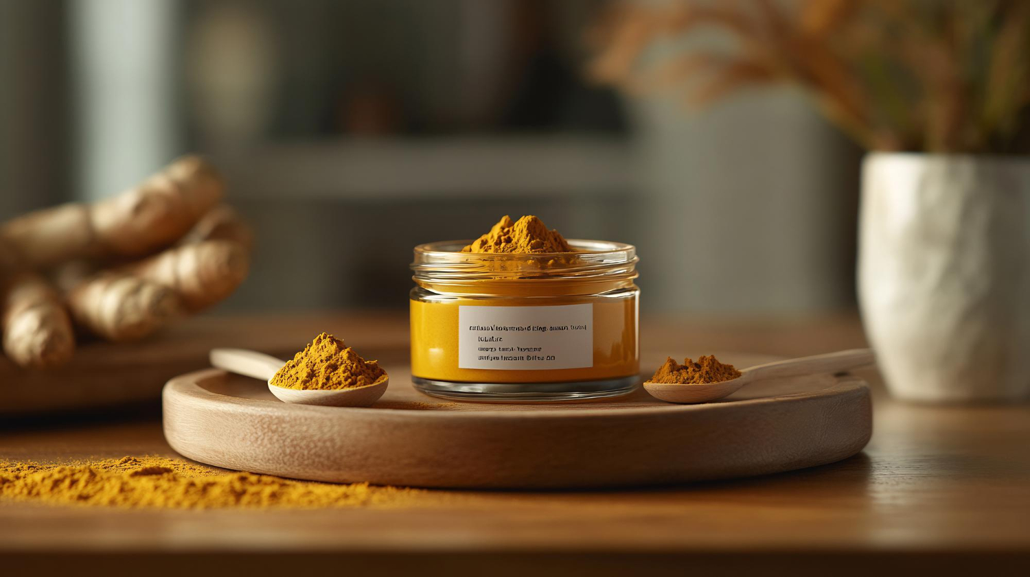 Glass jar and wooden spoons with bright orange turmeric powder on a round wooden tray.