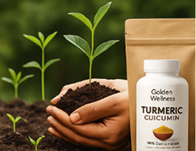 Hands holding soil with a growing plant next to a bottle and pouch of Golden Wellness Turmeric Curcumin supplements.
