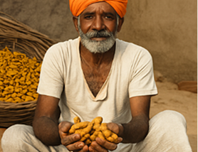 Man wearing an orange turban holding fresh turmeric roots with a basket of turmeric in the background.