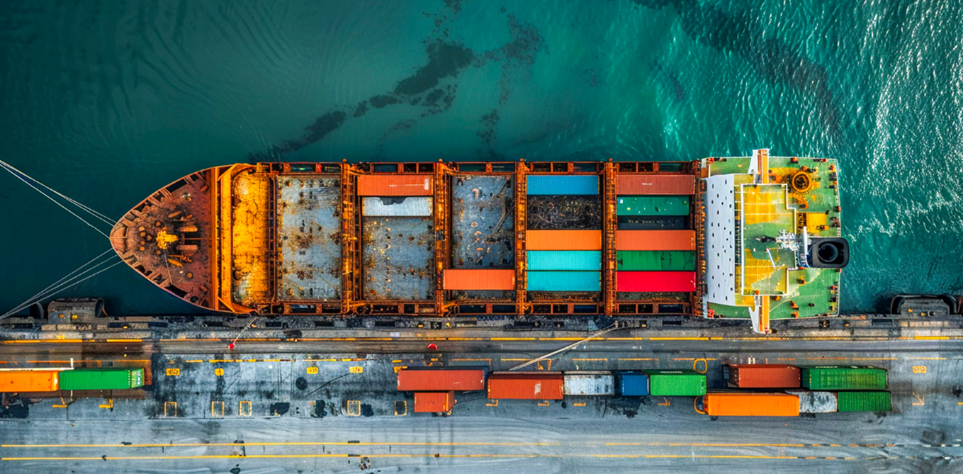 Aerial view of a cargo ship docked at a port with colorful containers on board and on the dock.
