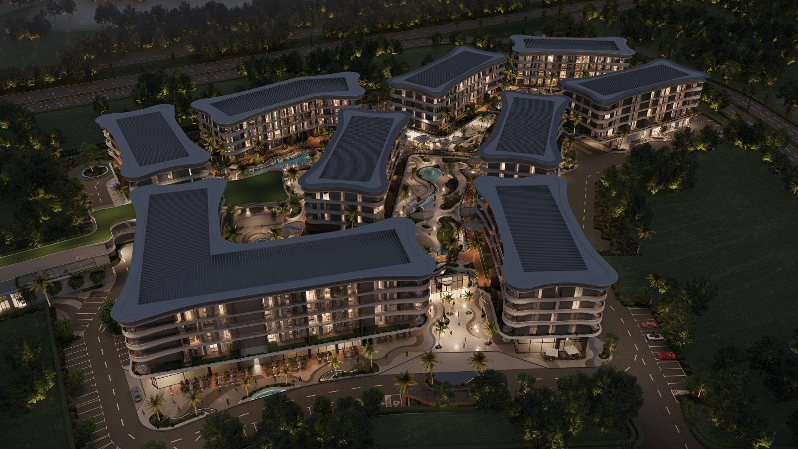 Aerial night view of Mayfair Nexus