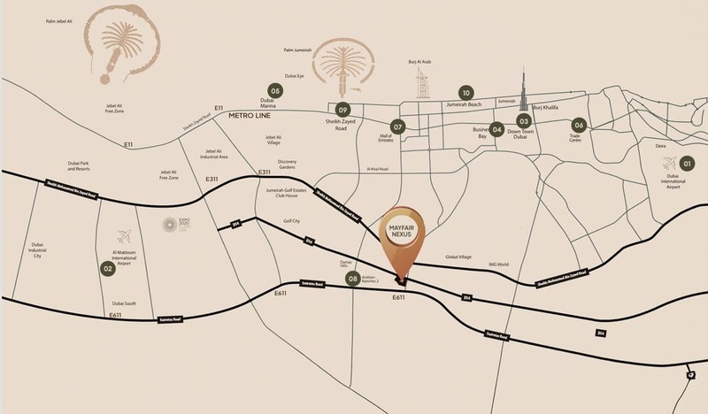 Mayfair Nexus location map showing proximity to Dubai Mall, Marina, and airports