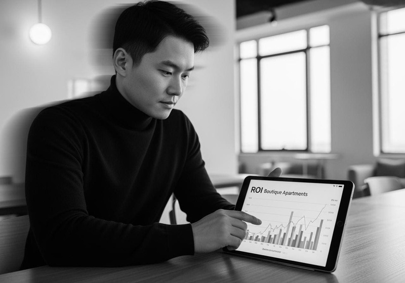 Investor viewing ROI stats for off-plan boutique apartments in Dubai