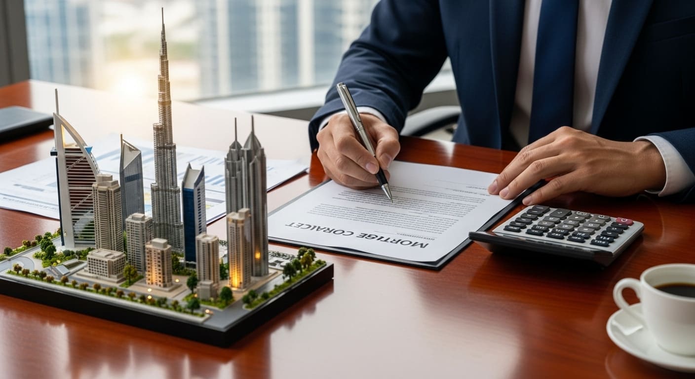 Buyer signing mortgage contract beside Dubai skyline model and calculator on office table