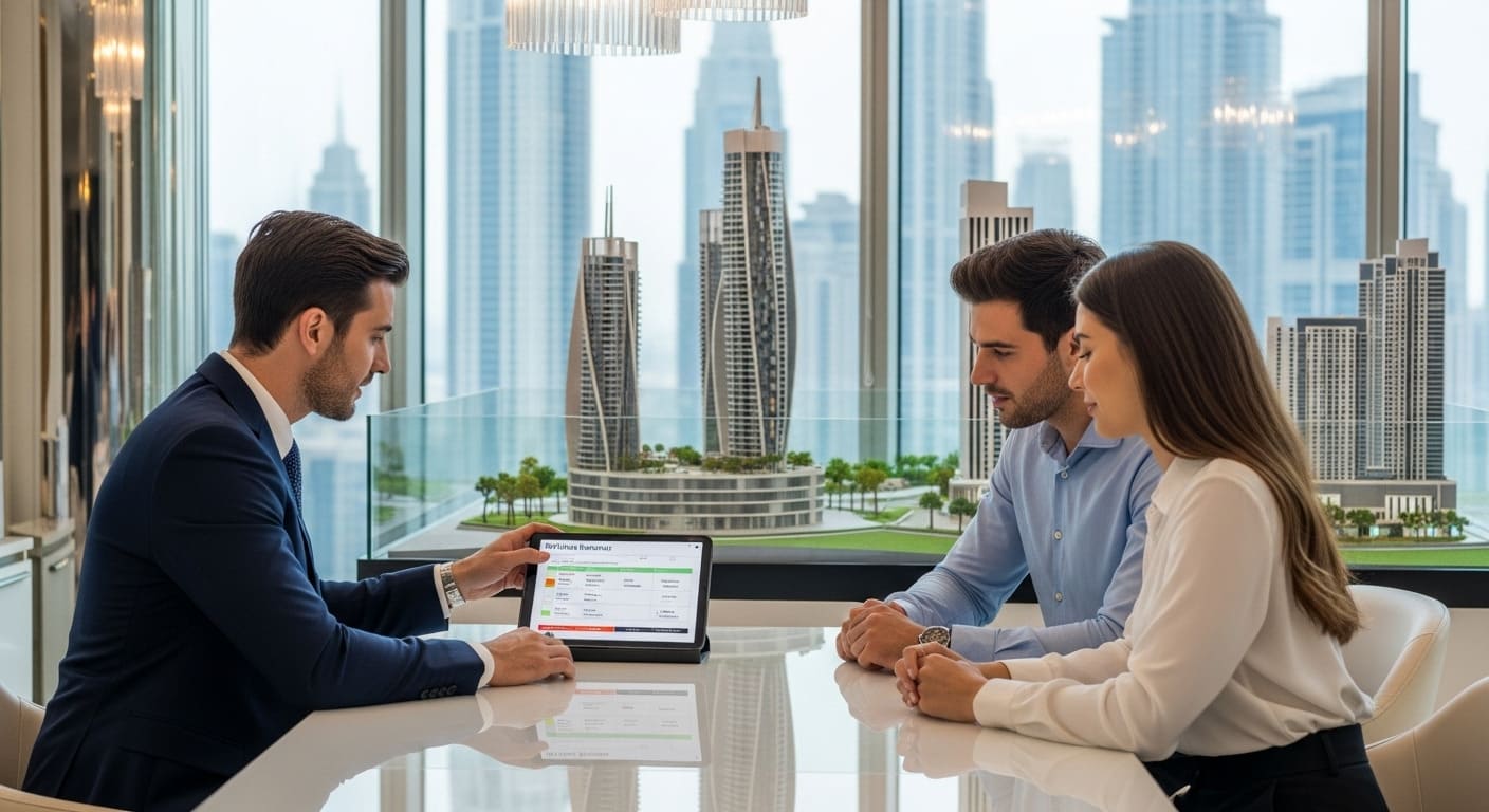 Real estate agent showing payment plan for off-plan property in Dubai developer office