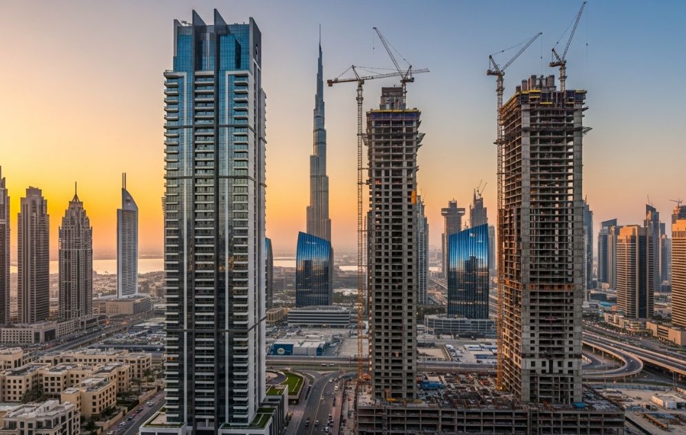 Dubai skyline featuring under‑construction tower next to a completed residential building