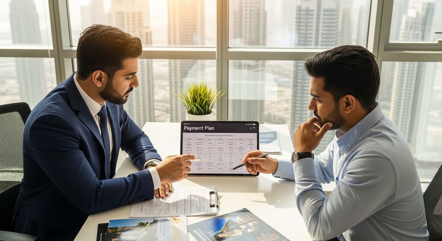 Real estate agent explaining developer payment plan to buyer in Dubai off‑plan showroom