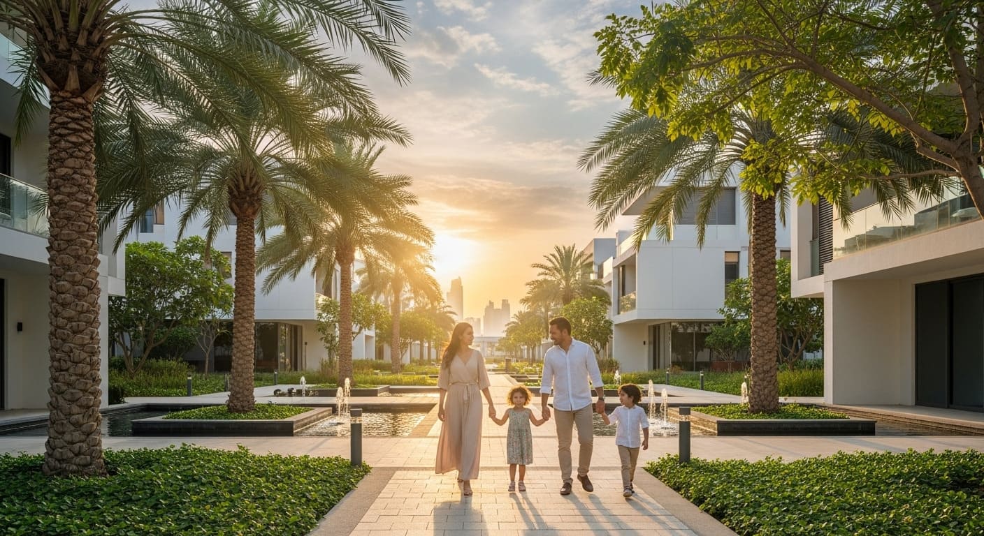 Family enjoying landscaped courtyard in Dubai residential community near modern apartments